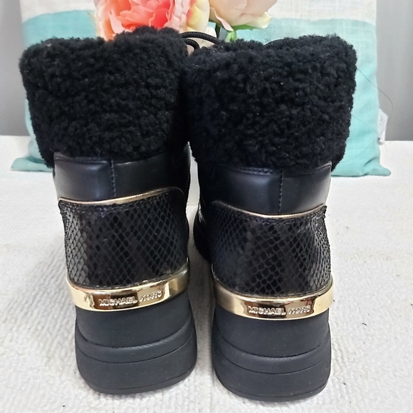 Michael Kors black leather suede wedge high top sneakers lace up gold trim - Picture 4 of 11